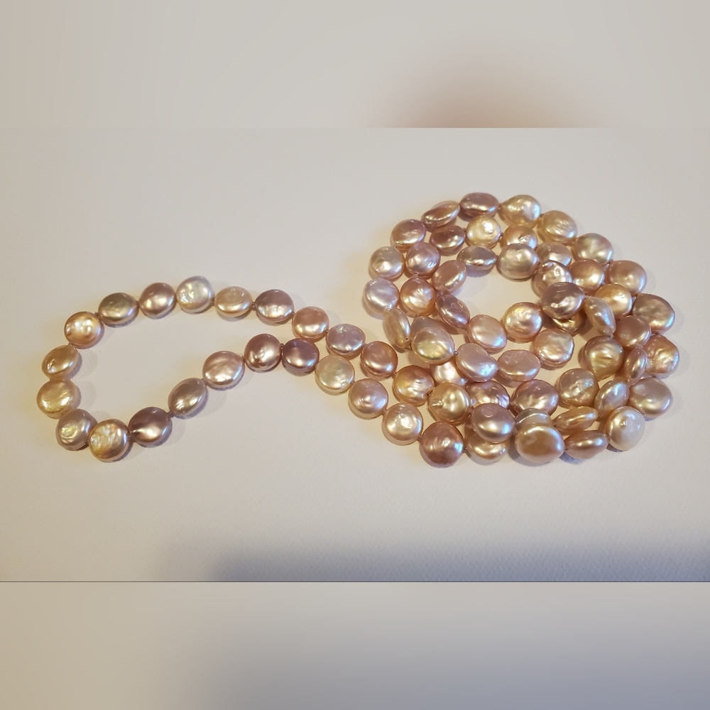 Peachy Pink Coin Freshwater Pearl Opera Length Necklce